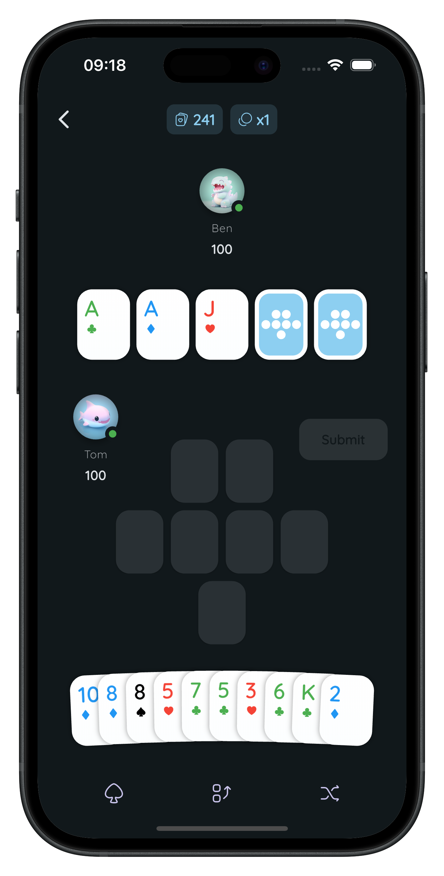 241 Poker App interface on mobile device - portrait view
